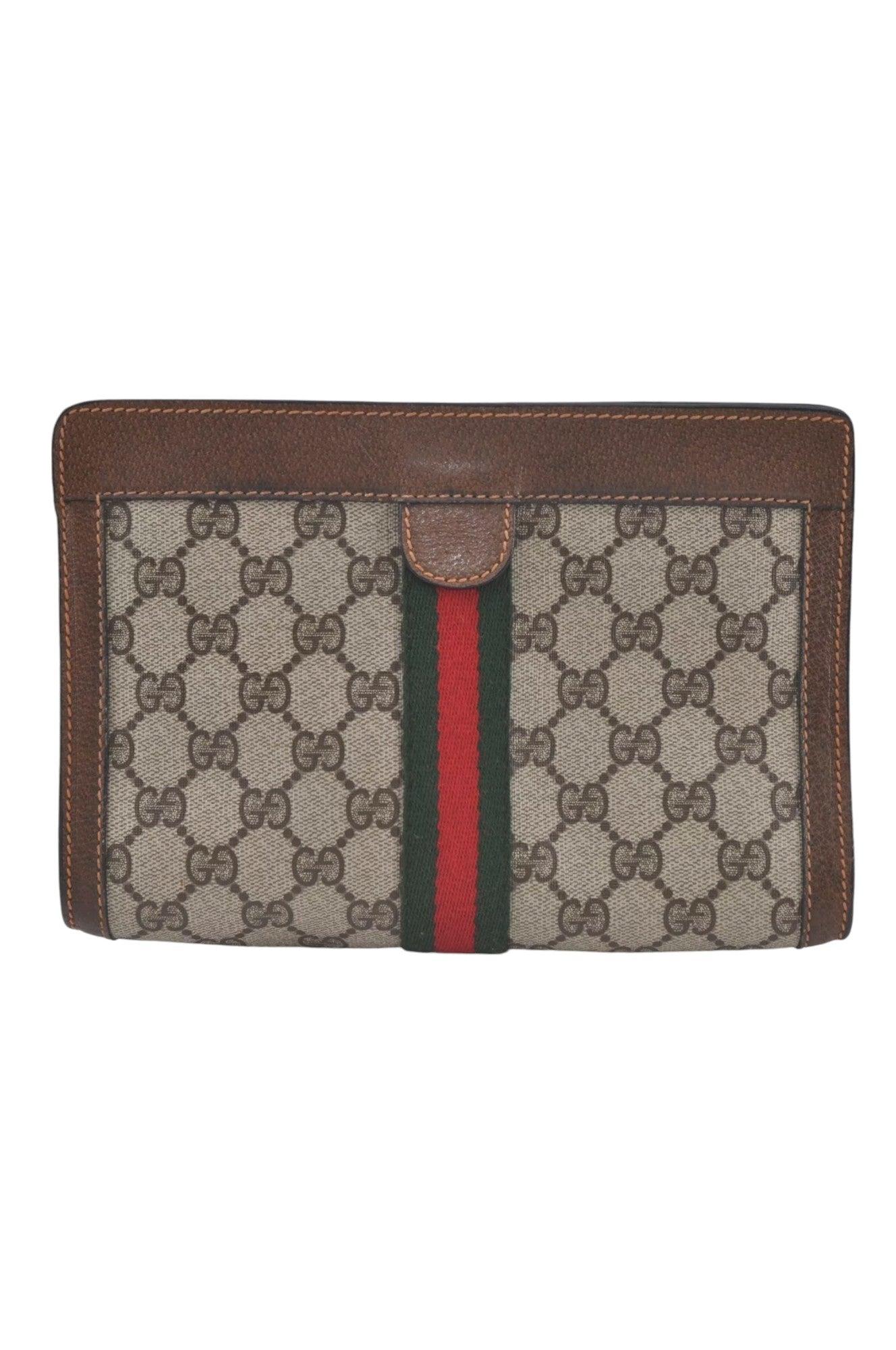 GUCCI Web Sherry Line Clutch Hand Bag Purse GG PVC Leather Brown 8044K - Velora