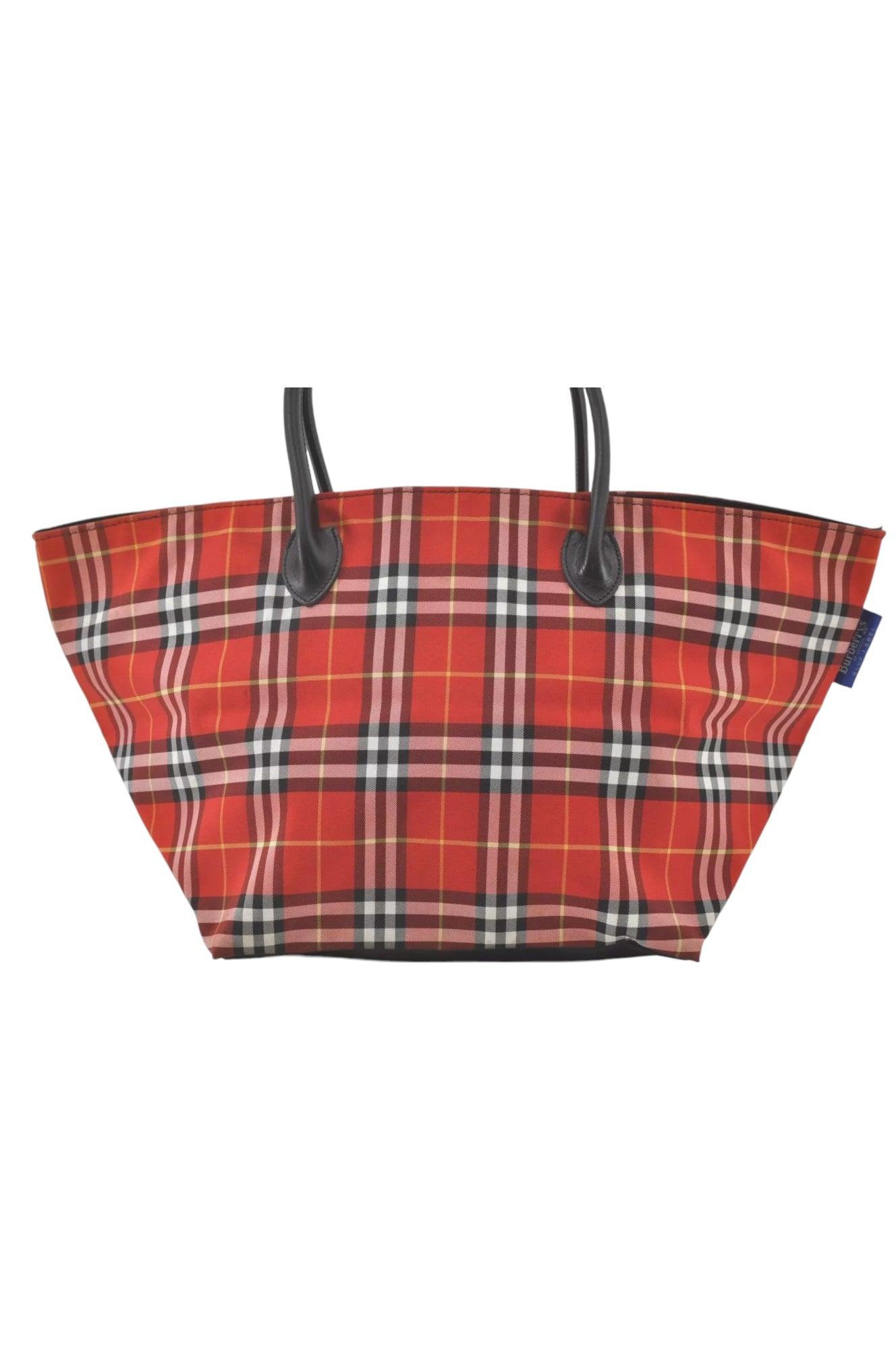 Burberry BLUE LABEL Check Shoulder Tote Bag Nylon Leather Red 9373K - Velora