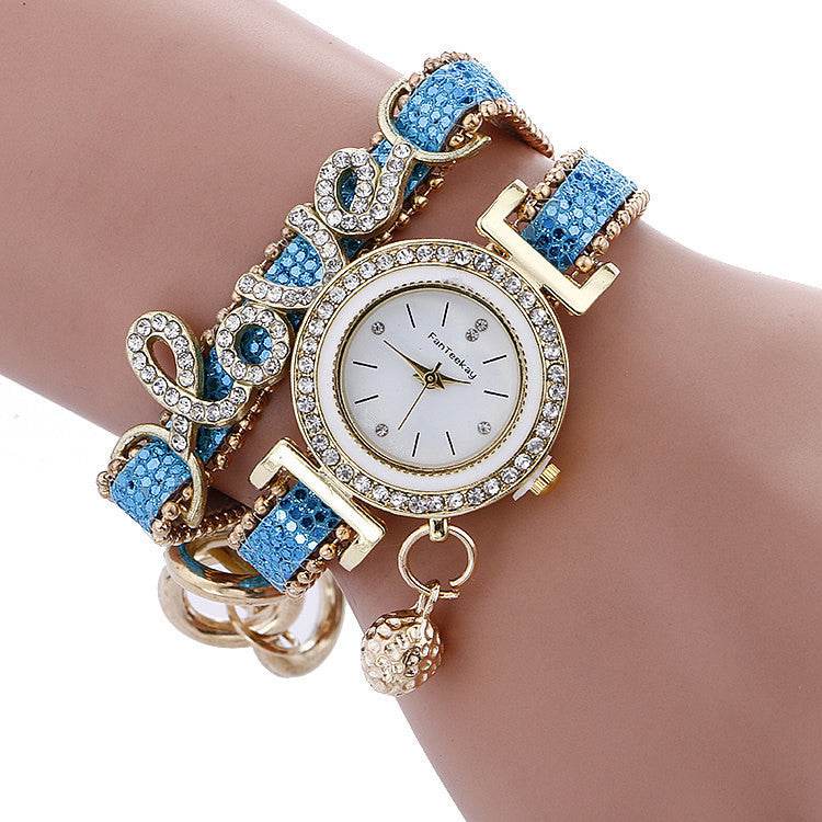 Fashion Women Rhinestone Leather Bracelet watch - Velora