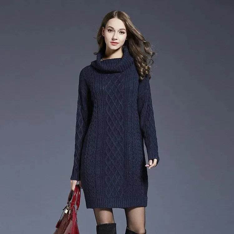 New Autumn Winter Solid Knitted Oversized Mini Turtleneck Sweater Dress - Velora