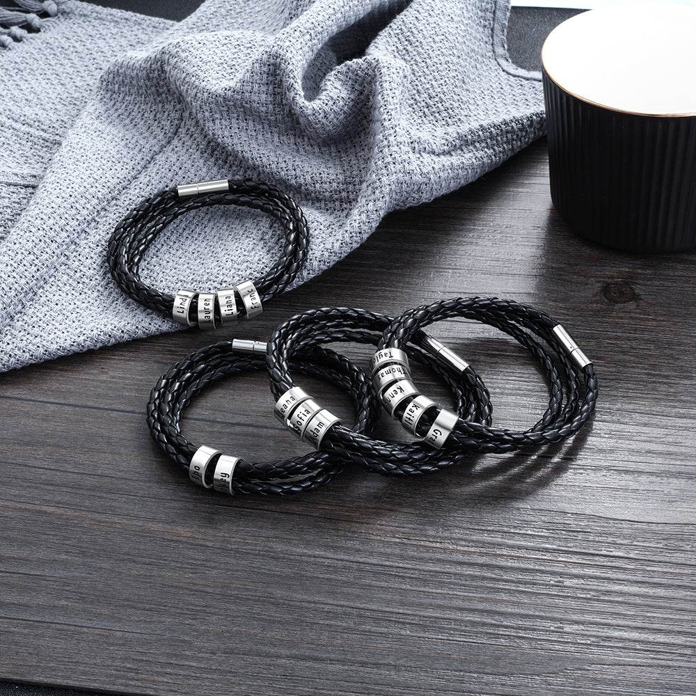 Personalized Mens Braided Genuine Leather Bracelet Stainless Steel Custom Beads Name Charm Bracelet For Men With Family Names - Velora
