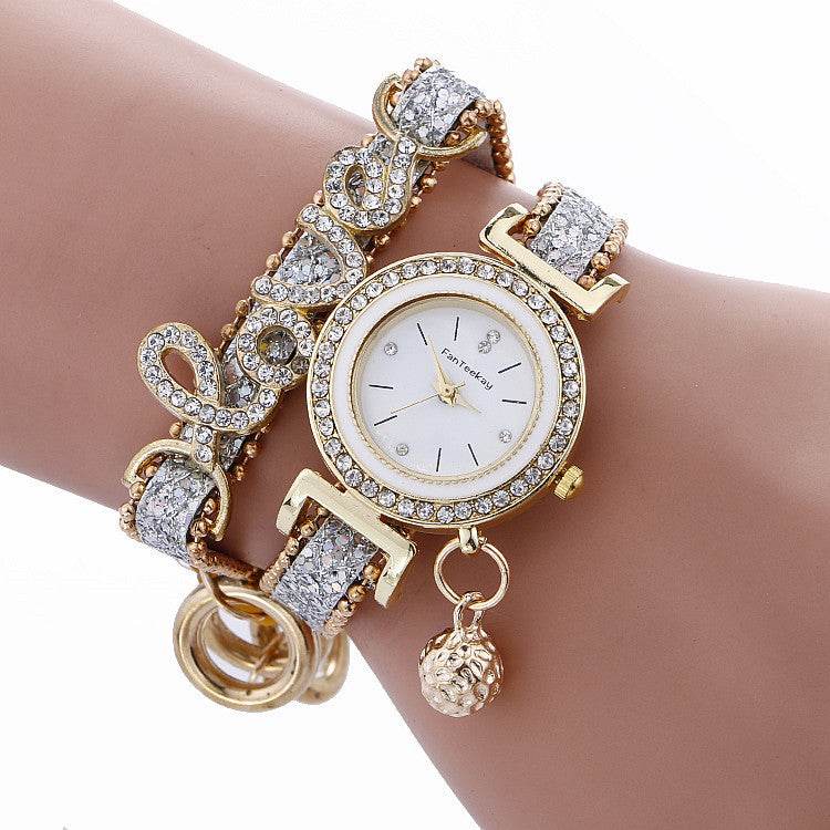 Fashion Women Rhinestone Leather Bracelet watch - Velora