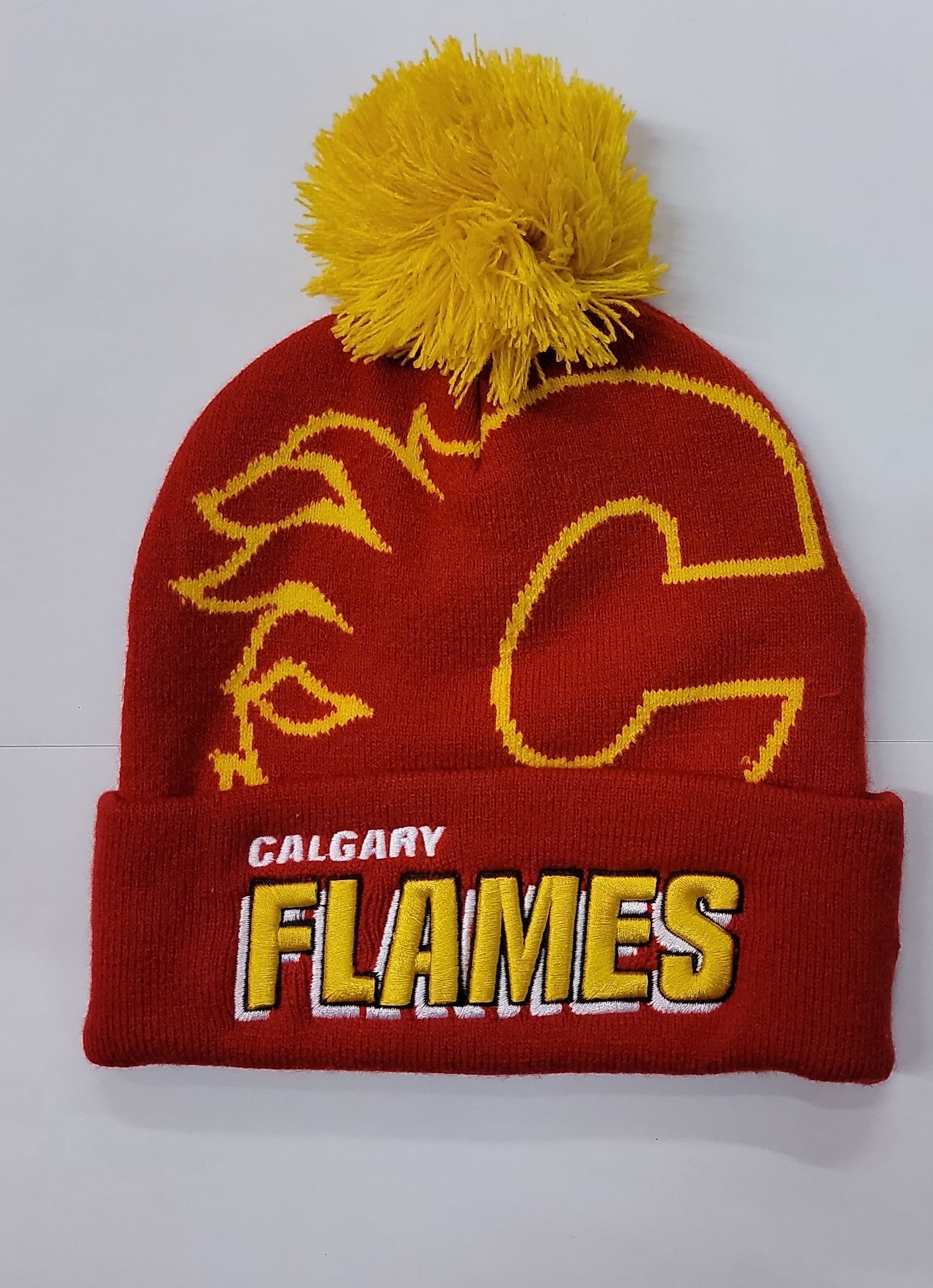 NHL FLAMES Mitchell & Ness Puch Out Knit Hat with Pom KTPX22016CFLR - Velora