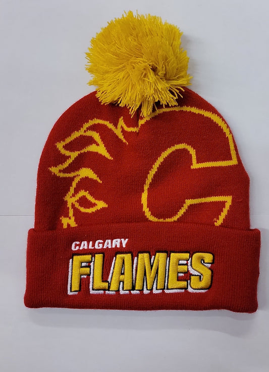 NHL FLAMES Mitchell & Ness Puch Out Knit Hat with Pom KTPX22016CFLR - Velora