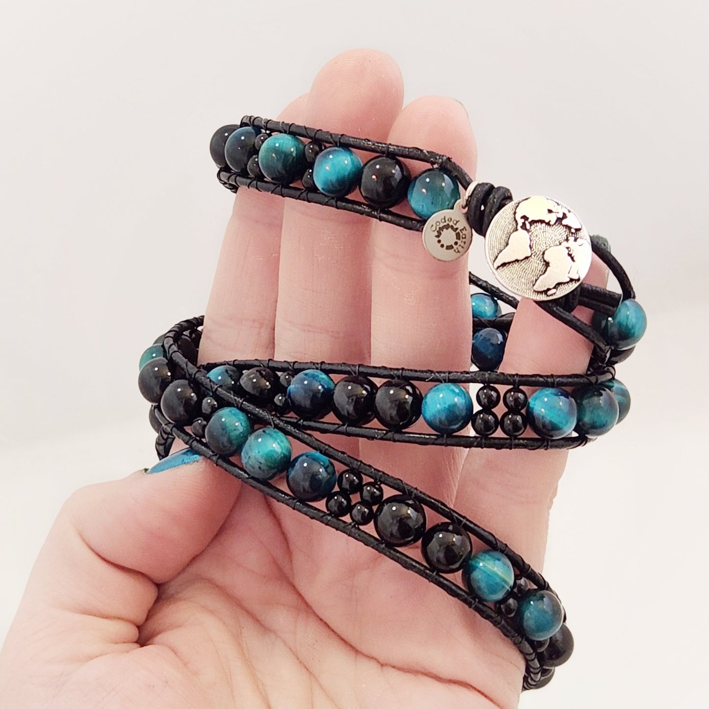 Azure Tiger's Eye & Tourmaline Leather Wrap Bracelet - Velora