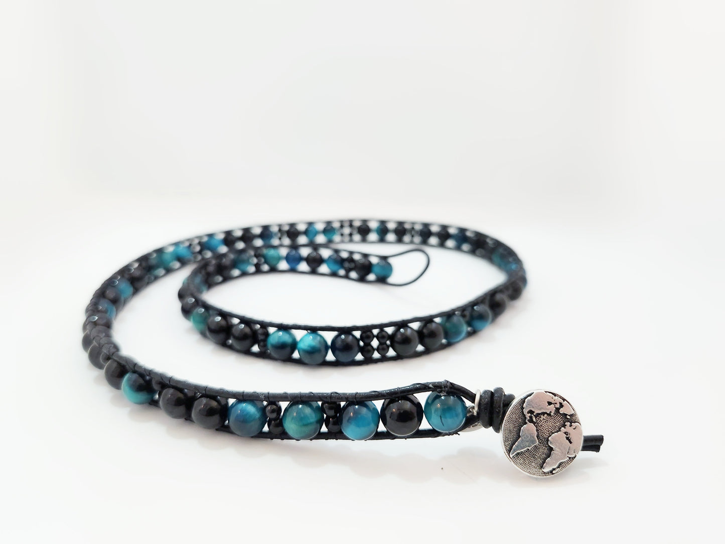 Azure Tiger's Eye & Tourmaline Leather Wrap Bracelet - Velora