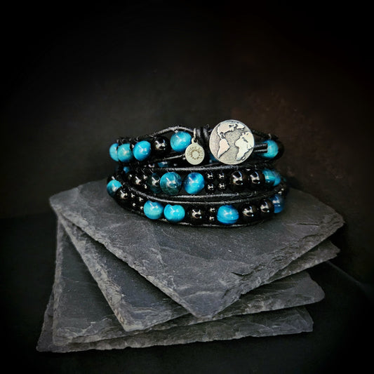 Azure Tiger's Eye & Tourmaline Leather Wrap Bracelet - Velora