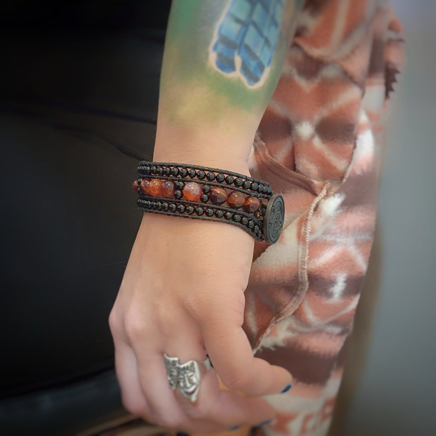 Tiger's Eye & Fire Leather Bracelet - Velora