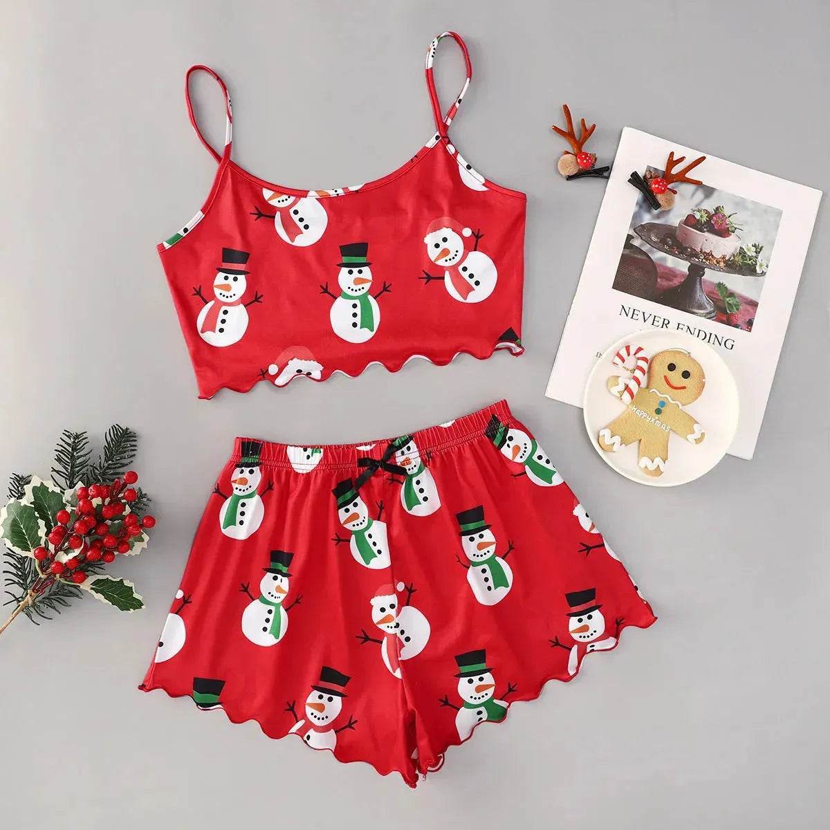 Christmas European And American Thin Pajamas Women's Sleeveless Shorts Milk Silk Simple Casual Two-piece Suit Homewear - Velora