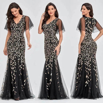 Women's Elegant Black Embroidered Evening Dress – Formal Party Gown for Weddings & Special Occasions