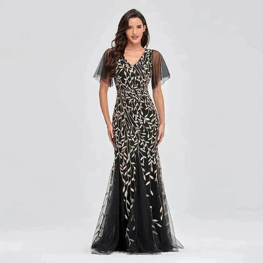 Women's Elegant Black Embroidered Evening Dress – Formal Party Gown for Weddings & Special Occasions