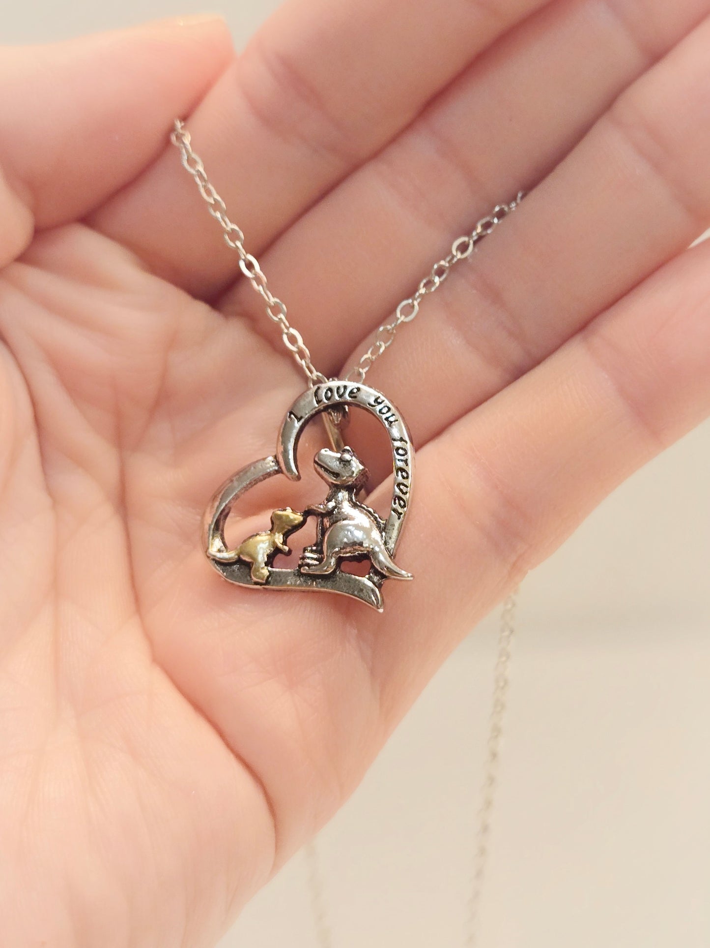 Mom & Daughter Matching Necklaces | I Love You Forever - Mama & Baby Dinosaurs - Velora