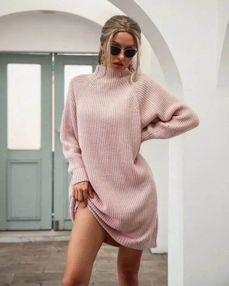 Winter Solid Knitted turtleneck sweater dress Mini - Velora