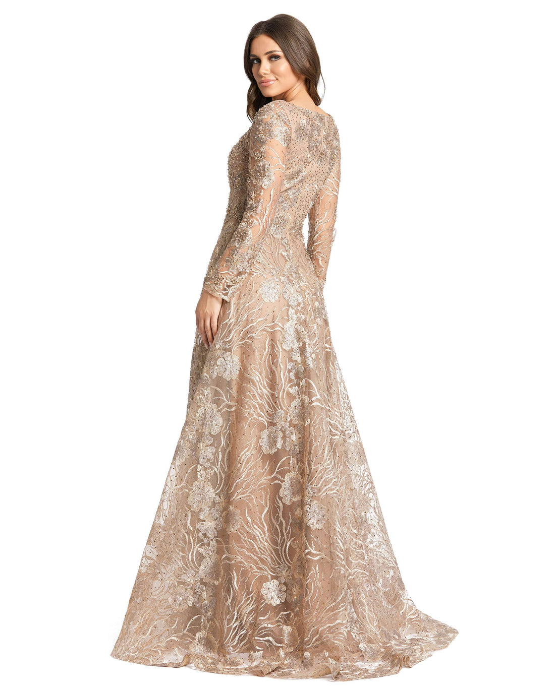Floral Embroidered Long Sleeve Square Neck Gown - Velora Luxury Fashion