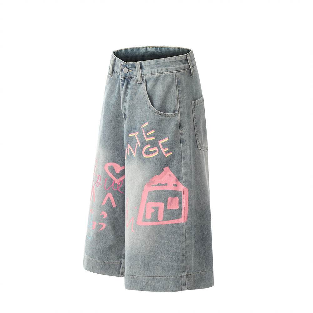 Hand Painted Graffiti Printing Denim Shorts Men Jeans - Velora