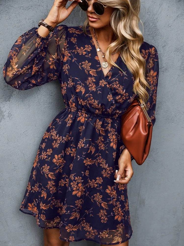Casual V-neck Summer Spring Long Sleeve Floral mini Chiffon Dress - Velora