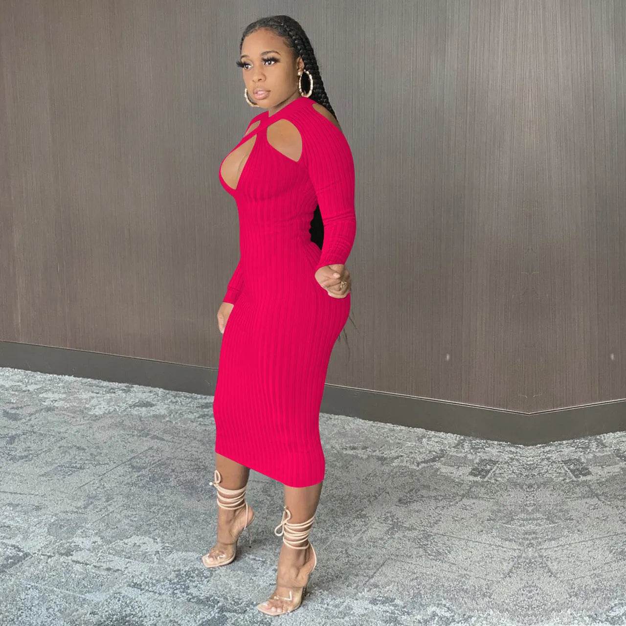 Chic V-neck Long Sleeve Midi Party Club Bodycon Pencil Dress - Velora