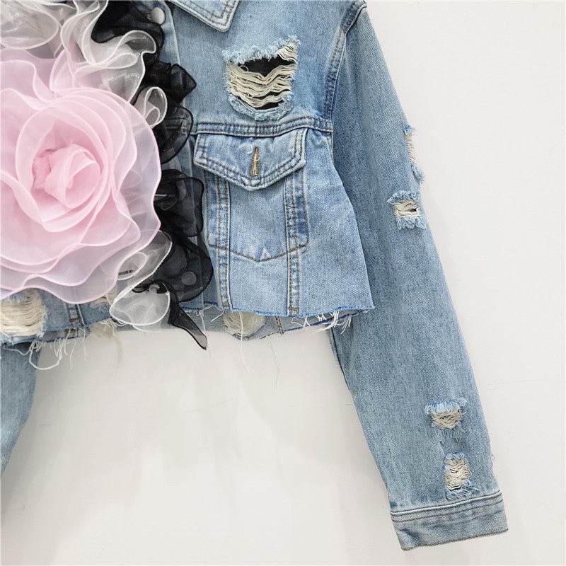 Elegant women fashion embroidered cropped Ripped blue Denim Jacket - Velora