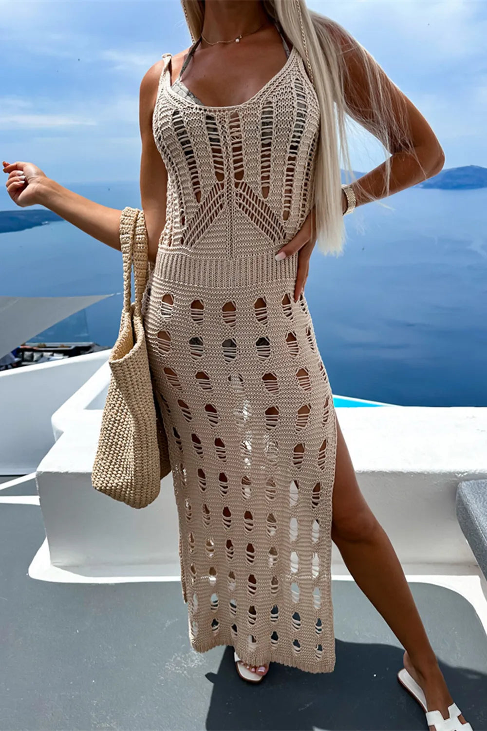 Openwork Slit Scoop Neck Sleeveless Cover Up - Velora