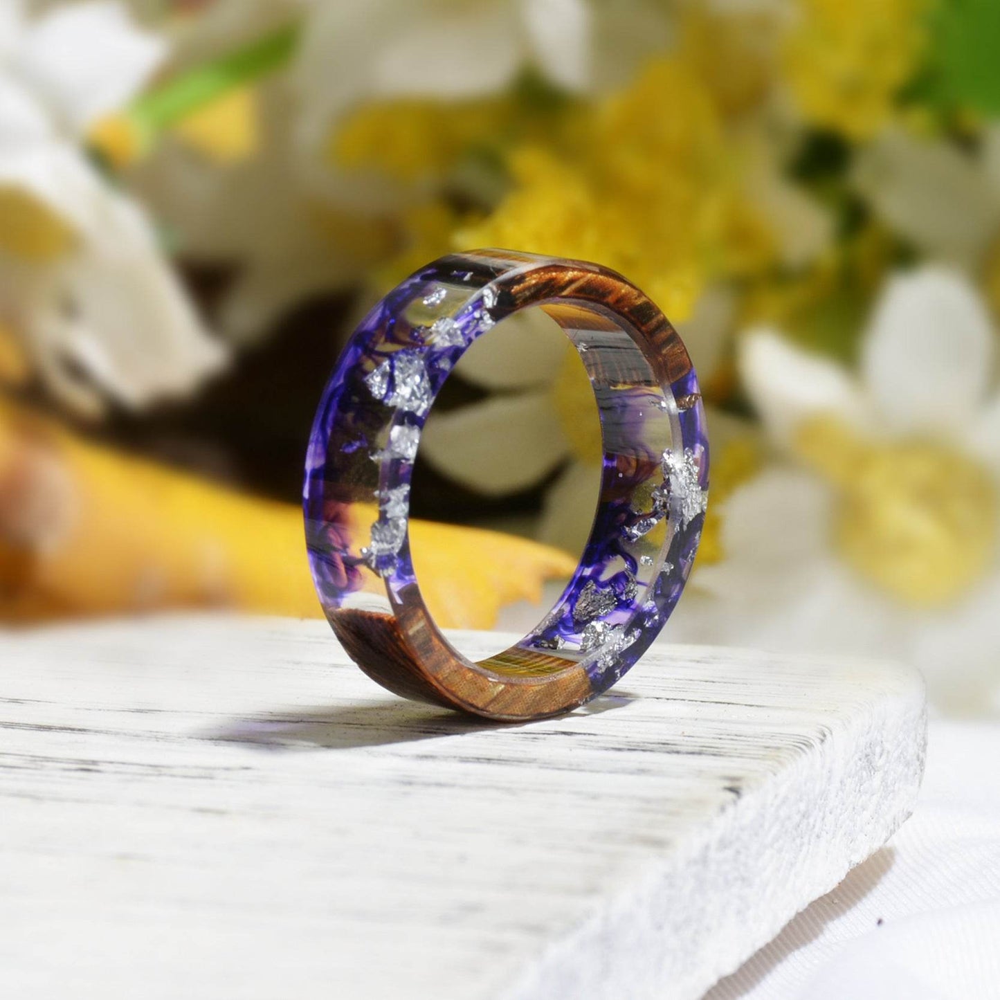 Handmade DIY romantic dry flower Real wood resin ring gold / silver paper inside ring women wedding party ring gifts for the lover - Velora