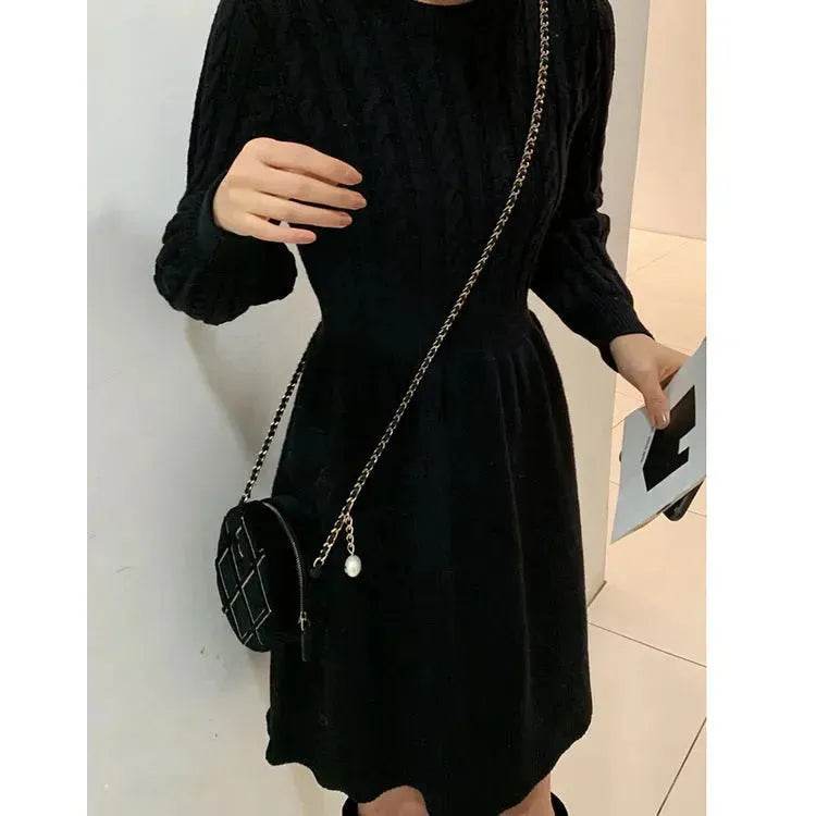 Autumn Winter Knitted Slim Fit Round neck Mini Flared Sweater dress - Velora