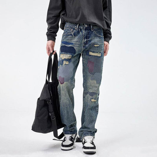 American Style Loose Broken Patch Straight Retro Denim Jeans pant Trousers Men - Velora