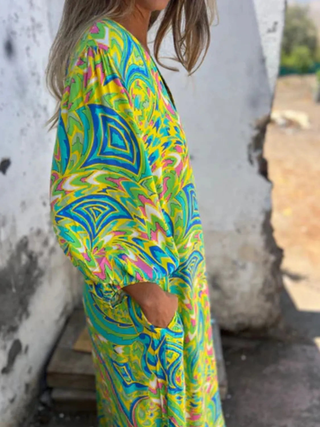 Full Size Printed V-Neck Dress with Pockets Plus Size - Velora