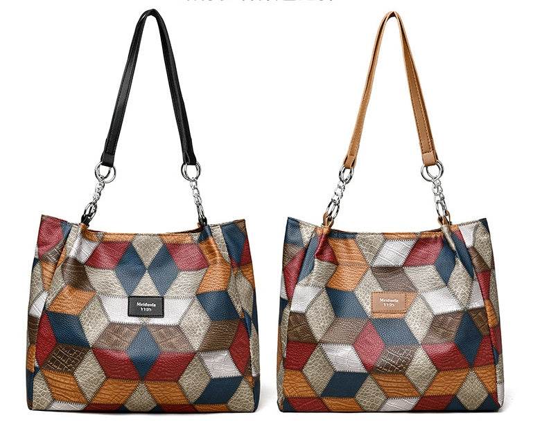 Retro Geometric Pattern Color-matching Shoulder Bag Fashion Large Capacity Stitching Handbag For Women Totes - Velora