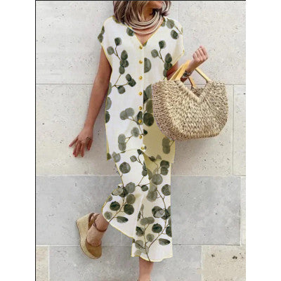 Women's Long Dress Green Rayon Blend Botanical Print - Velora
