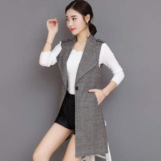 Plaid Long Blazer Vest Women Sleeveless Jacket - Velora
