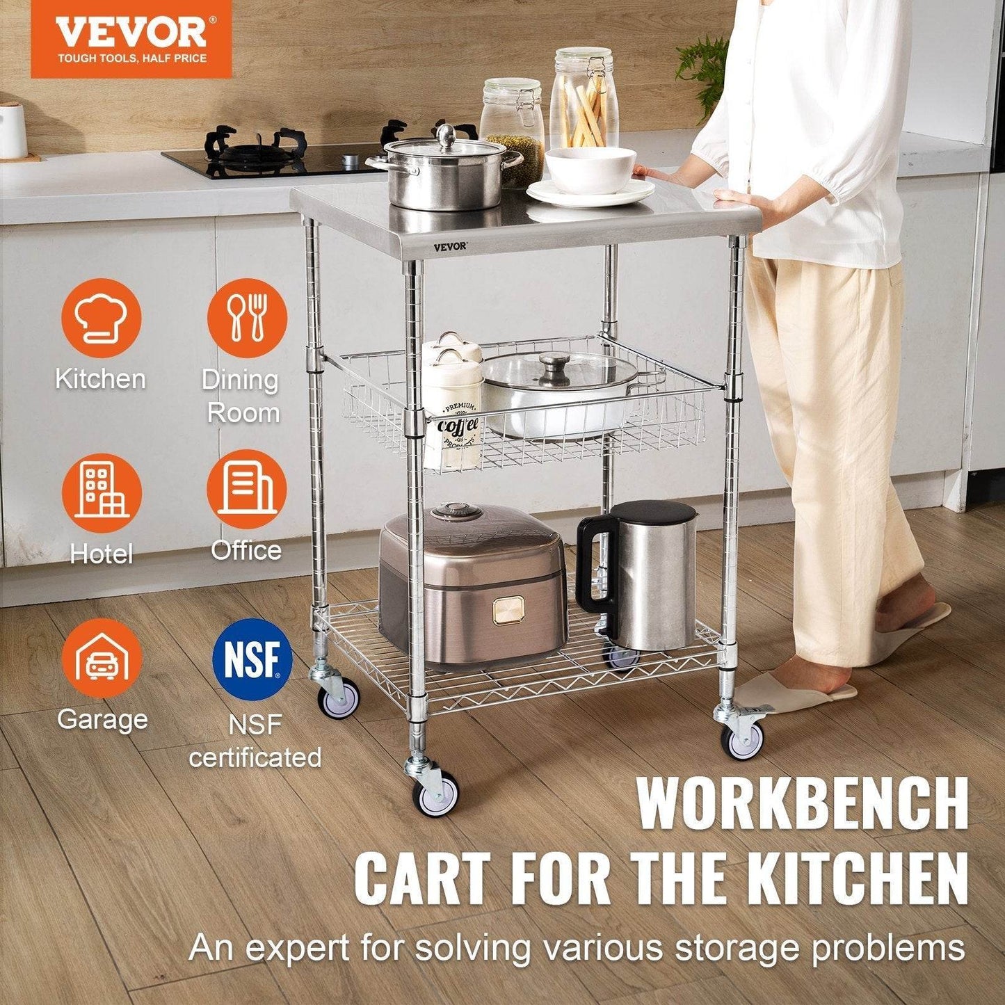 VEVOR 3-Tier Workbench Utility Cart for Kitchen Office - Velora