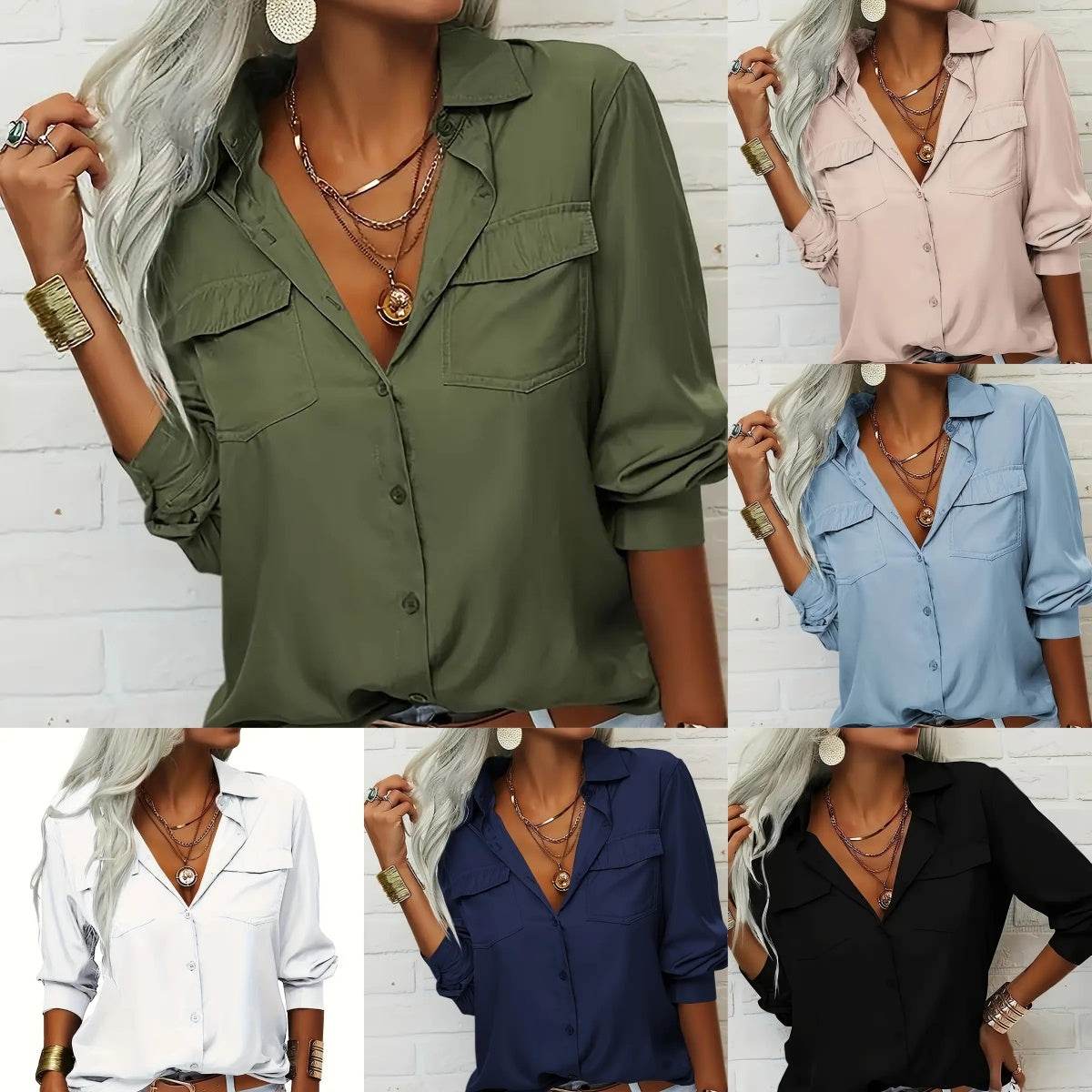 Women's Elegant Solid Chiffon Blouse Spring Summer Casual Long Sleeve V Neck Loose Shirt Office Lady Tunics Tops - Velora