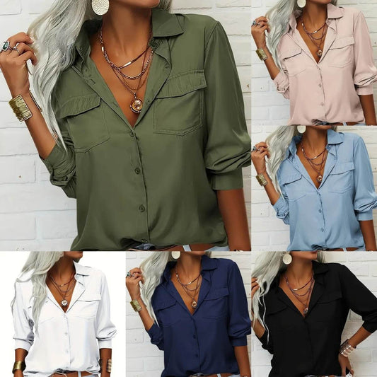 Women's Elegant Solid Chiffon Blouse Spring Summer Casual Long Sleeve V Neck Loose Shirt Office Lady Tunics Tops - Velora