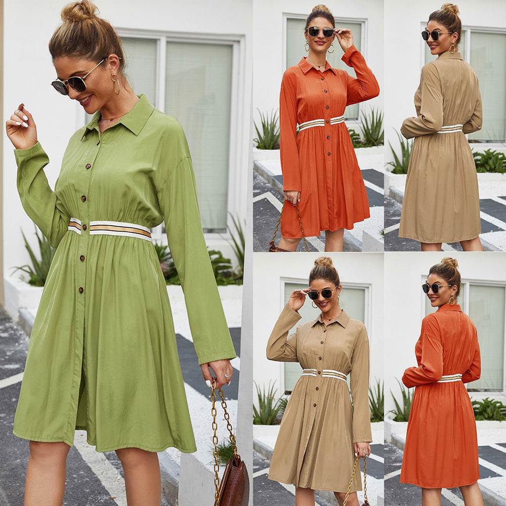 Summer Single Breasted Lapel long sleeve mini Shirt dress - Velora