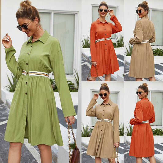 Summer Single Breasted Lapel long sleeve mini Shirt dress - Velora