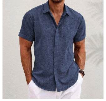 Men's Solid Color Loose Linen Short-sleeved shirt - Velora