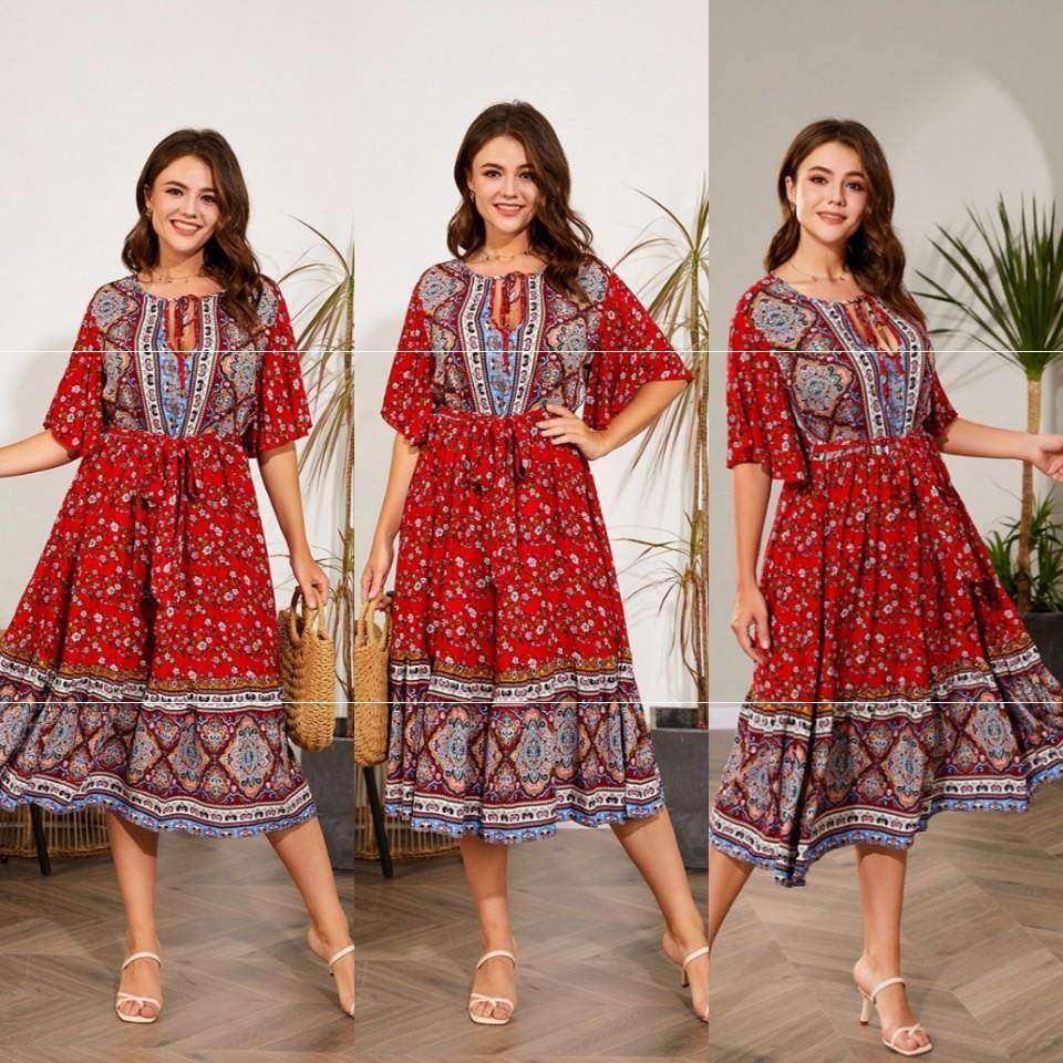 Modest Plus Size Summer dress V Neck Midi Beach boho Dress - Velora