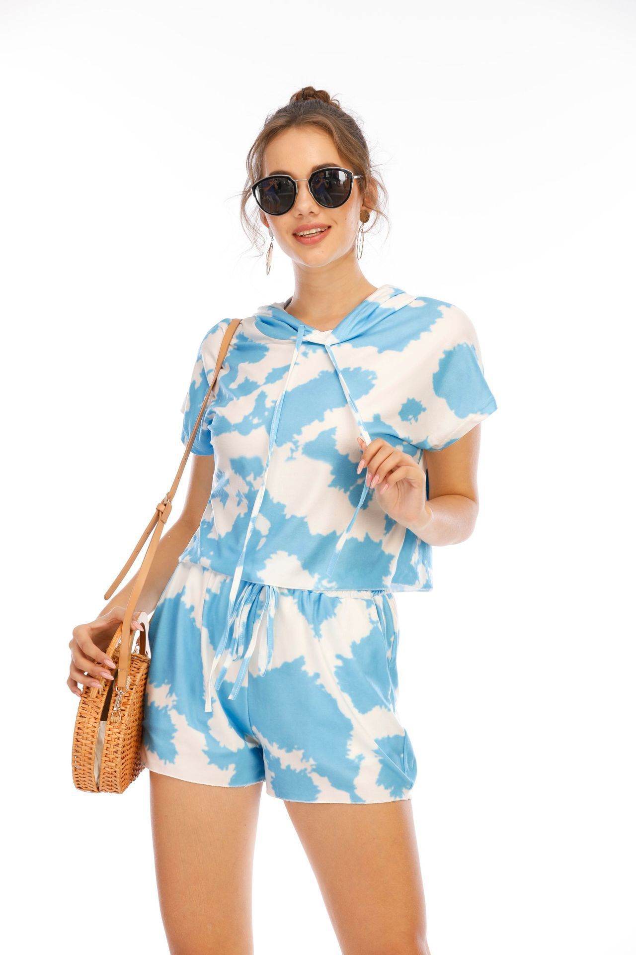 2pcs Tie-dye Loungewear Hoodie Athleisure Short-sleeved short set - Velora