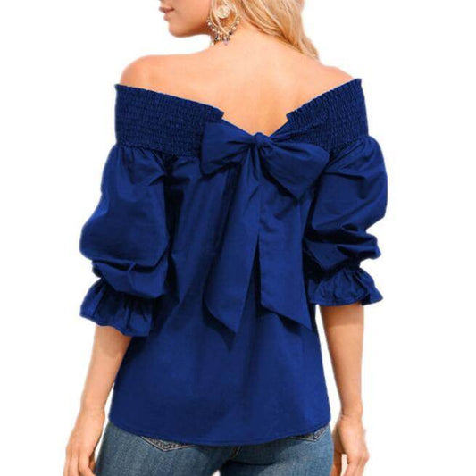 Spring Summer Women Off Shoulder Strapless Blouse top Bowknot Slash Neck Casual Loose Plus Size top - Velora