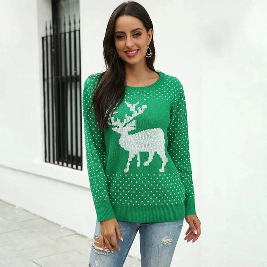 Fawn Reindeer jacquard christmas sweater Round neck women - Velora