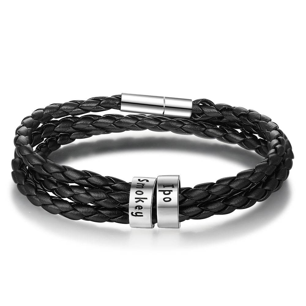 Personalized Mens Braided Genuine Leather Bracelet Stainless Steel Custom Beads Name Charm Bracelet For Men With Family Names - Velora
