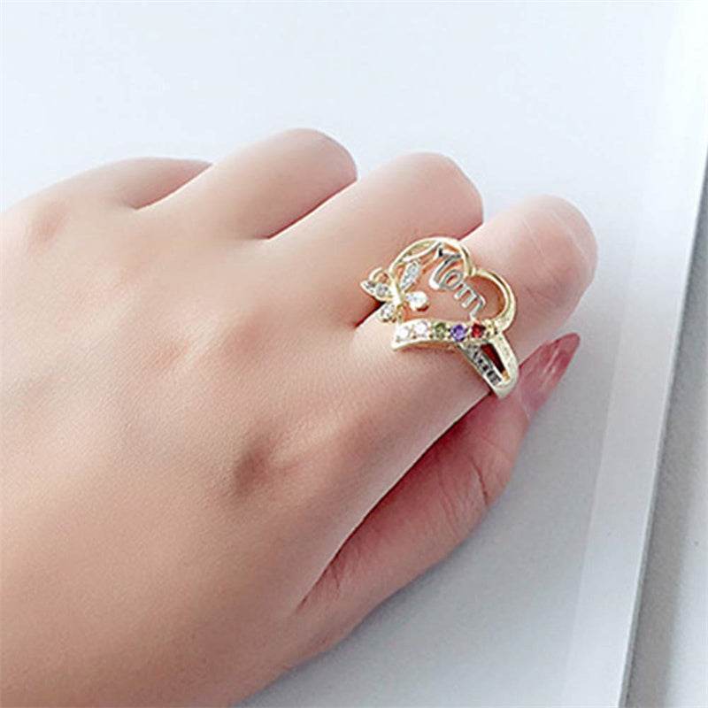 Mother's Day Gift Hollow Heart English Letter Love Mom Rhinestone Butterfly Finger Ring Jewelry Gift - Velora