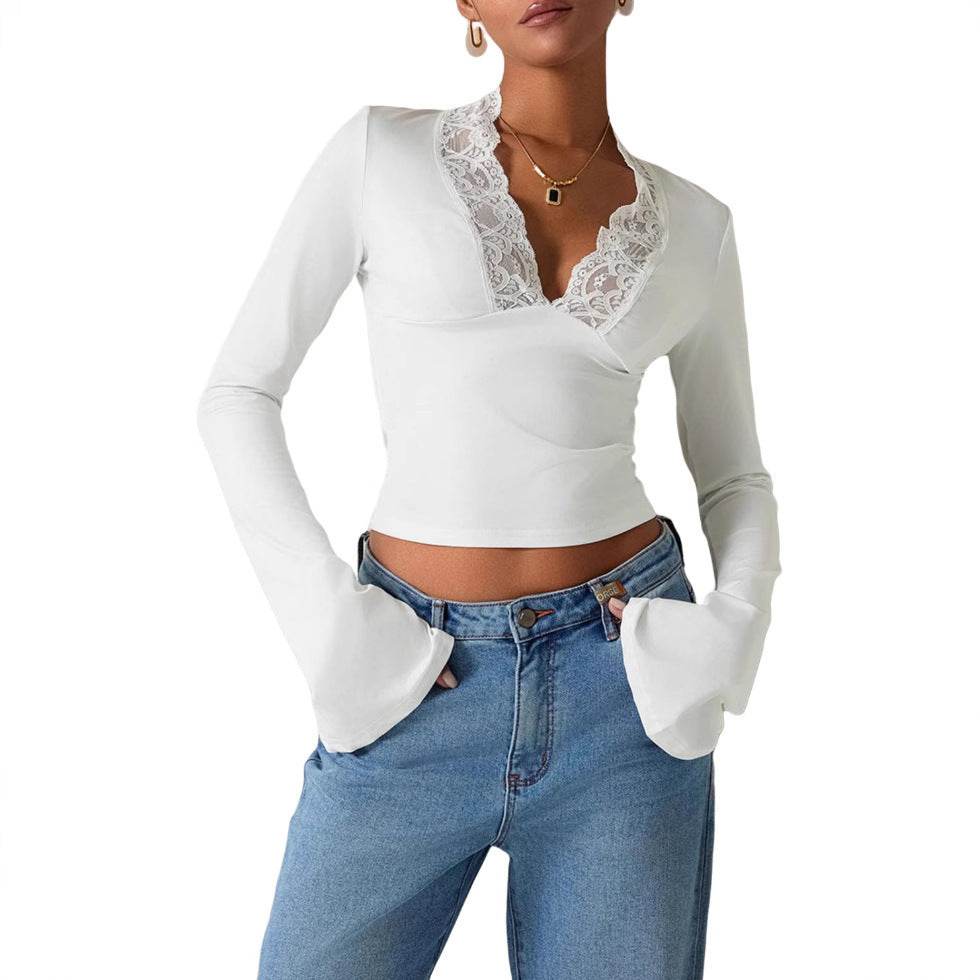Slim V-neck Lace Ins Fashion Trumpet Sleeve Long-sleeved tank Top Women Clothing - Velora