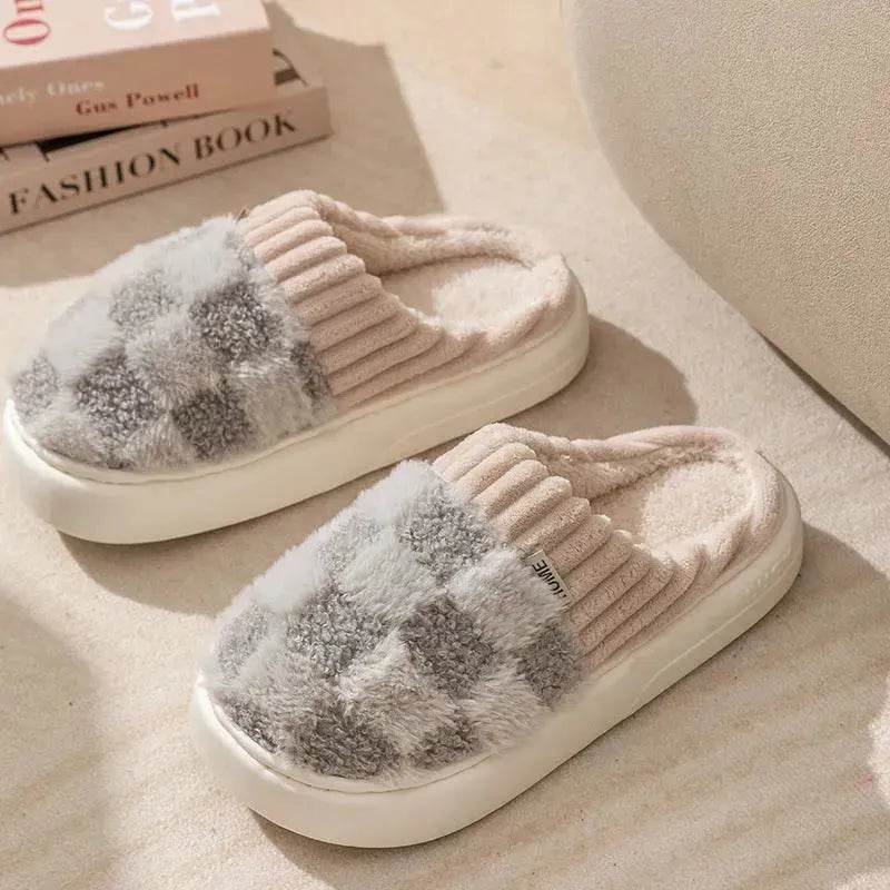 Plaid Plush Slippers Women's Indoor Plush Home Slippers Soft Sole Thick Non-Slip Warm House Shoes Couple Autumn And Winter - Velora
