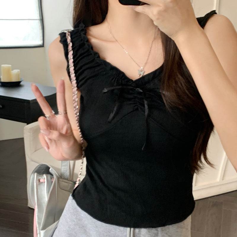 Camisole Wooden Ear Bow Flounce Trim Lace Up Vest For Women - Velora