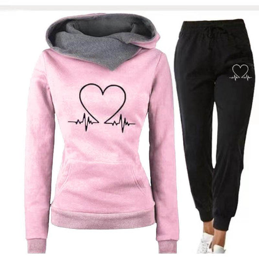 Love Heart Printed Sports Suit Hooded Sweatshirt Top And Drawstring Pants Fashion Casual Clothing For Women - Velora