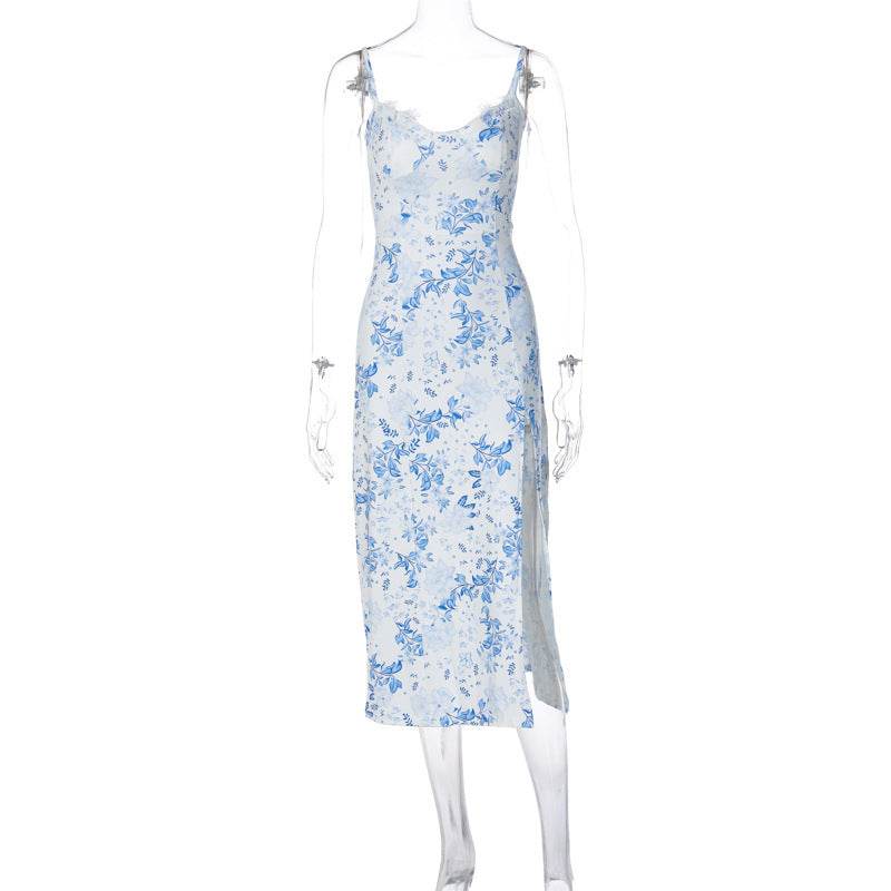 Lace Flowers Print Long Dress Sexy Fashion Slit Suspender Dress Summer Womens Clothing - Velora