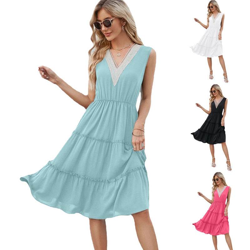 V-neck Dresses Women Sleeveless Pleated Ruffle Elegant Dress Beach Summer - Velora