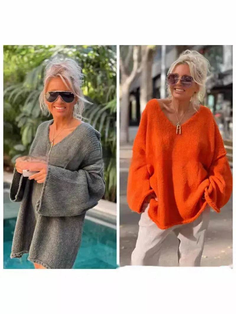 Women's Fashion V-neck Long-sleeve Knitwear 2-color Sweater dress - Velora