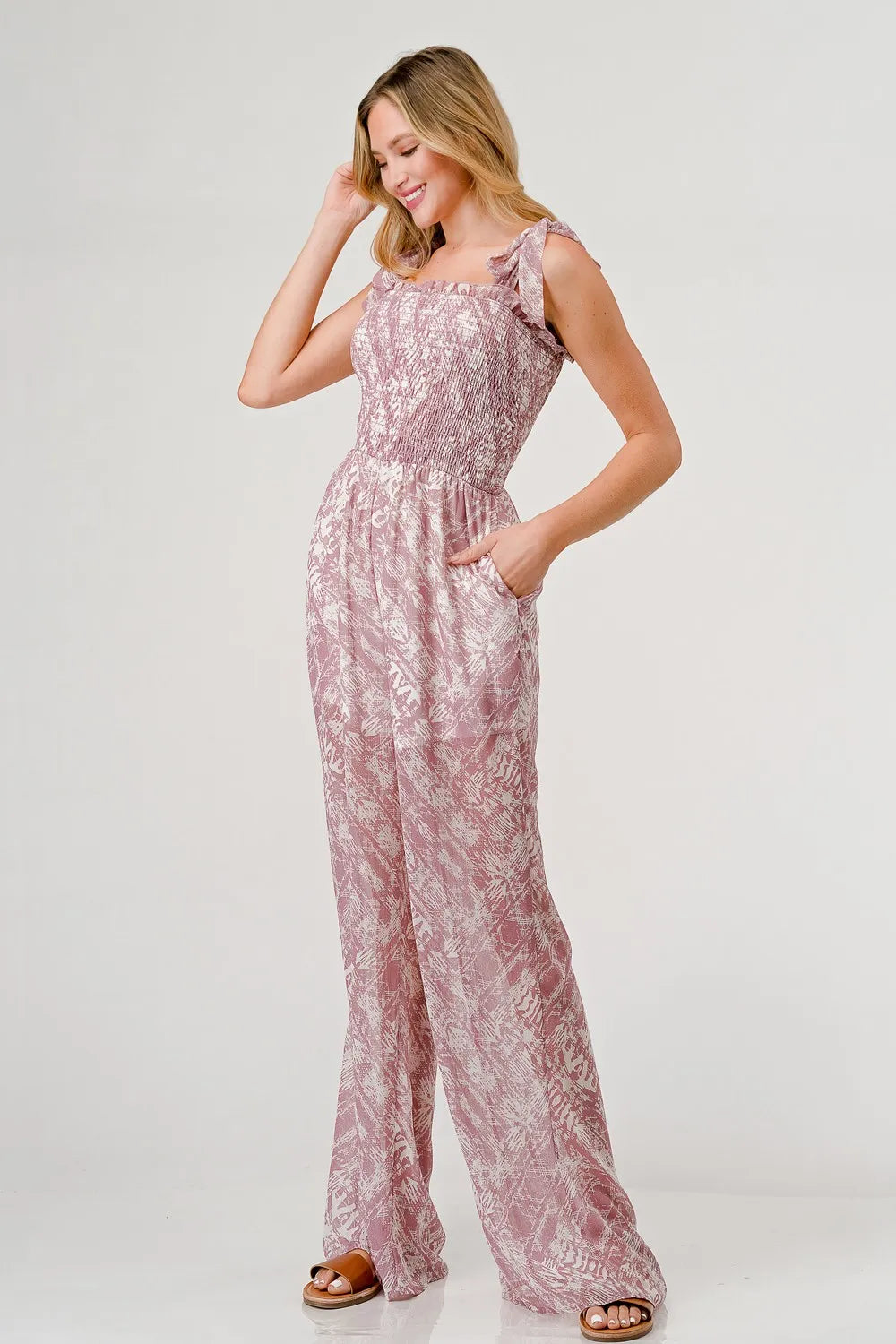 GeeGee Printed Tie Shoulder Wide Leg Jumpsuit - Velora